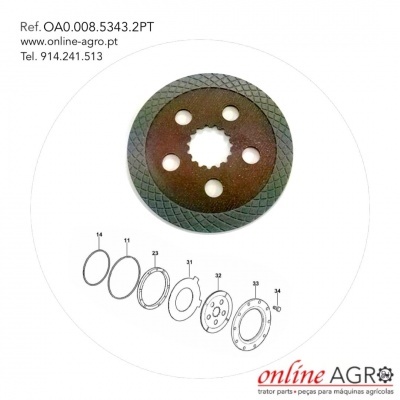 Disco de embraiagem metálico com padrão quadriculado e esquema de montagem