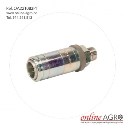 Peça metálica cilíndrica com rosca em fundo branco com texto e logotipo.