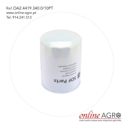 Filtro branco cilíndrico com texto e informações de contacto em fundo branco