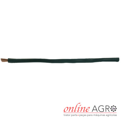 Cabo elétrico preto com fios de cobre expostos sobre fundo branco e logotipo online AGRO