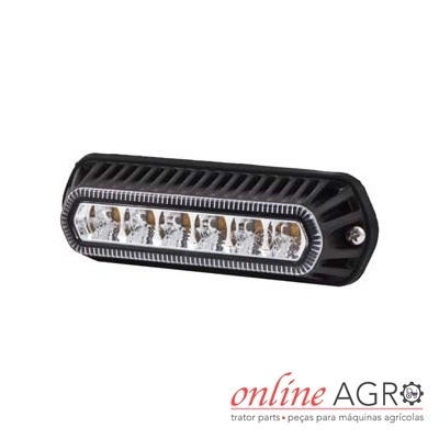 Luz LED retangular preta com oito LEDs e corpo texturizado ao lado do logo online AGRO