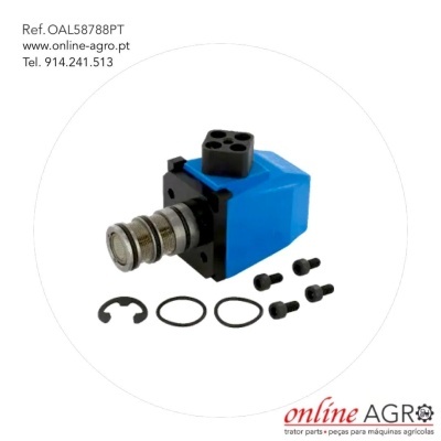 Peça mecânica azul, preta e metálica com parafusos, anilhas e anel de retenção