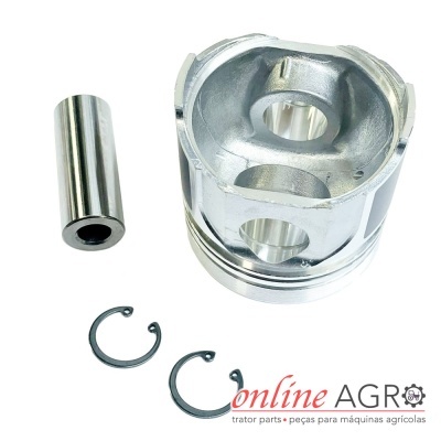 Conjunto de pistão metálico com anéis e pino sobre fundo branco