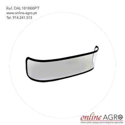 Viseira transparente curva com bordas pretas e alça preta, texto informativo e logótipo