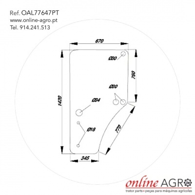 Desenho técnico com dimensões e texto de peça para máquina agrícola