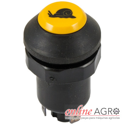 Botão elétrico preto com topo amarelo e símbolo de caracol