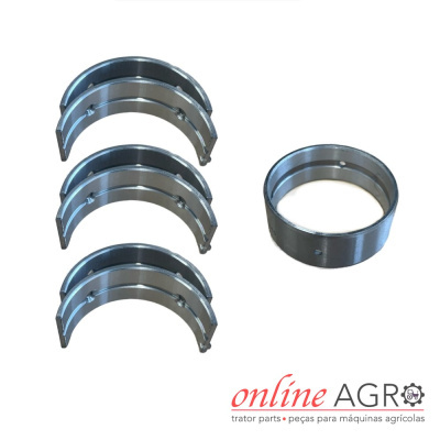 Conjunto de casquilhos metálicos semi-circulares e anel circular para máquinas agrícolas.