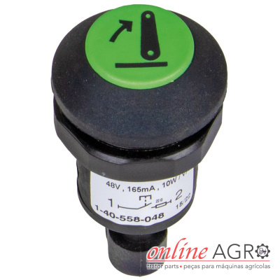 Interruptor redondo preto com botão verde e rótulo branco com texto técnico