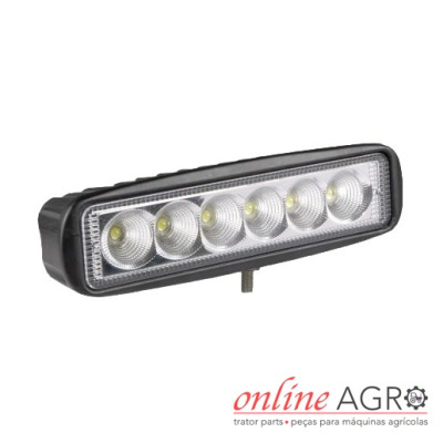 Luz LED retangular preta com seis focos e fundo branco com logótipo online AGRO