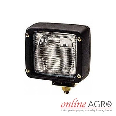 Luz quadrada preta para maquinaria agrícola com lente transparente texturizada e parafusos dourados.