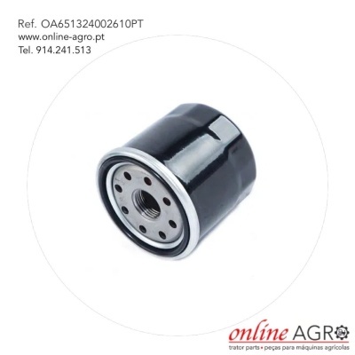 Filtro de óleo preto e prata com texto informativo e logo online AGRO