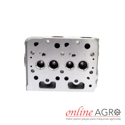 Cabeça de motor metálica com orifícios em fundo branco e logo online AGRO