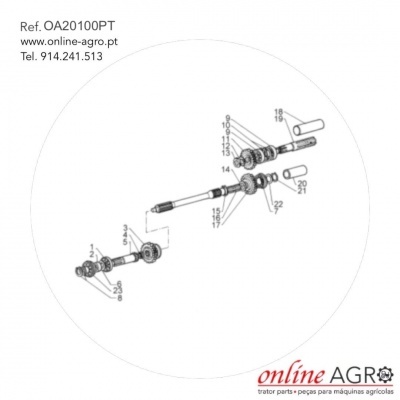 Diagrama técnico de peças de máquina agrícola com números e texto de referência