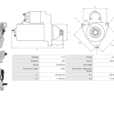 Motor de arranque cinzento com desenho técnico e tabela de medidas