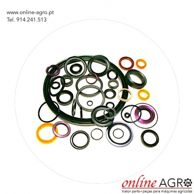 Conjunto colorido de anéis e juntas sobre fundo branco com texto de contacto