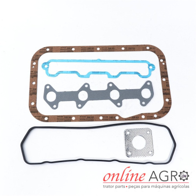 Conjunto de juntas para motor agrícola em várias cores e materiais com fundo branco e logotipo online AGRO
