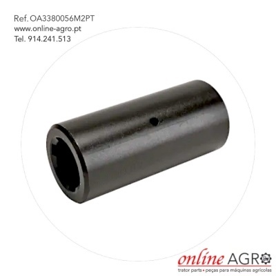 Peça cilíndrica metálica preta com furo lateral e extremidade hexagonal, em fundo branco com texto e logótipo