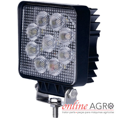 Luz LED quadrada preta com nove focos e suporte metálico