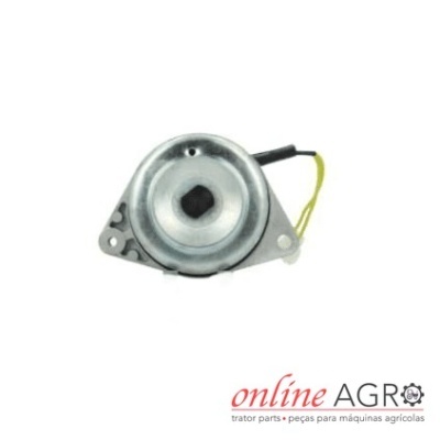 Peça metálica redonda com cabos pretos e amarelos, fundo branco, logótipo online AGRO