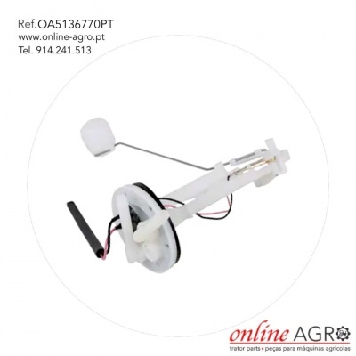 Peça mecânica branca com flutuador e fios, texto e logótipo online AGRO