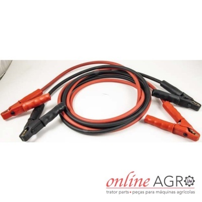 Cabo de arranque vermelho e preto com garras metálicas em superfície branca com texto online AGRO
