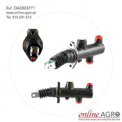 Peças hidráulicas pretas e metálicas para máquinas agrícolas com texto de referência e contacto