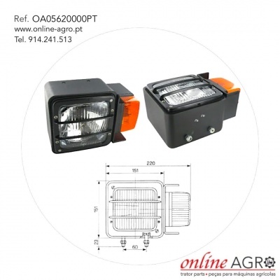 Faróis quadrados para máquinas agrícolas com sinais laranjas e diagrama técnico