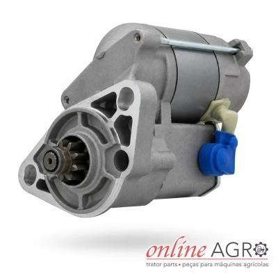 Motor de arranque metálico com peça azul e bege para máquinas agrícolas