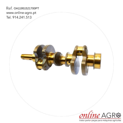 Veio de manivela metálico dourado e cinzento mostrado sobre fundo branco com texto e marca Online Agro