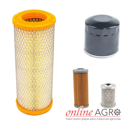 Conjunto de quatro filtros para máquinas agrícolas sobre fundo branco com logótipo online AGRO.