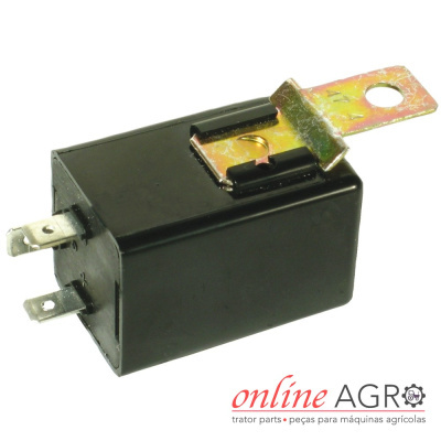 Relé elétrico preto com conectores metálicos e suporte perfurado amarelo para máquinas agrícolas