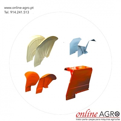 Peças para máquinas agrícolas coloridas em fundo branco com textos online-agro.pt e contatos.