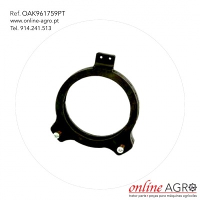 Peça metálica circular preta com duas porcas e aba superior, texto de contacto e logótipo online AGRO