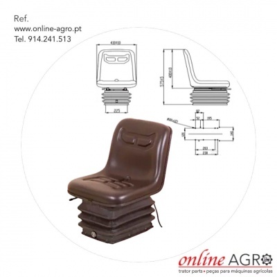 Cadeira castanha para máquina agrícola com base preta e esquemas técnicos