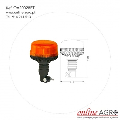 Luz de aviso laranja para máquinas agrícolas com suporte preto e desenho técnico das dimensões
