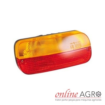 Farolim traseiro amarelo e vermelho para veículo agrícola com texto SAE IP2R 83 DOT