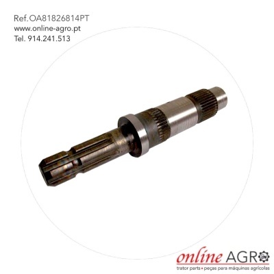 Peça metálica cilíndrica com caneluras e furo em fundo branco com texto e logotipo.