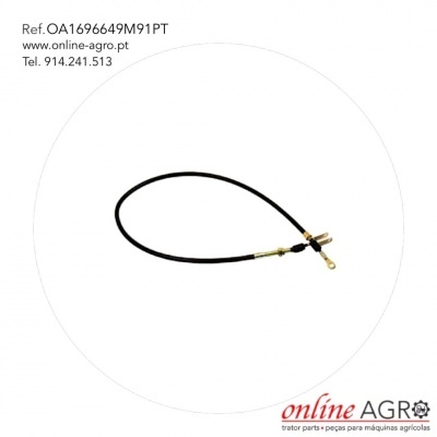 Cabo preto com extremidades metálicas douradas e texto de referência e contacto