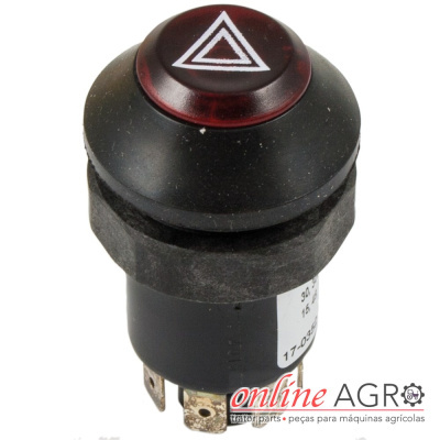 Botão interruptor redondo preto com símbolo de triângulo branco na parte superior vermelha.