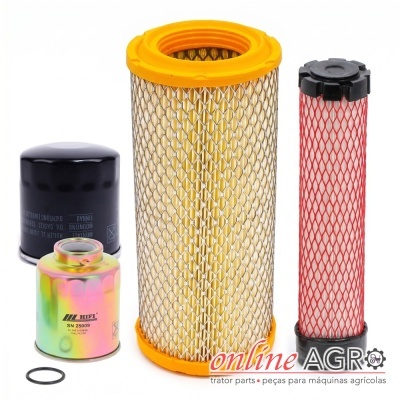 Conjunto de filtros para máquinas agrícolas com proteções em rede metálica e filtros metálicos em fundo branco