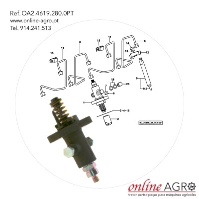 Peça metálica com mola e parafuso sobre fundo com esquema técnico e texto