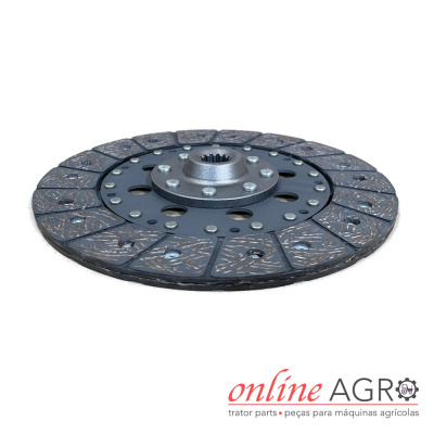 Disco de embraiagem metálico com segmentos de fricção em fundo branco e logo online AGRO.