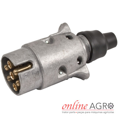 Conector elétrico metálico com cinco pinos e parte preta de borracha