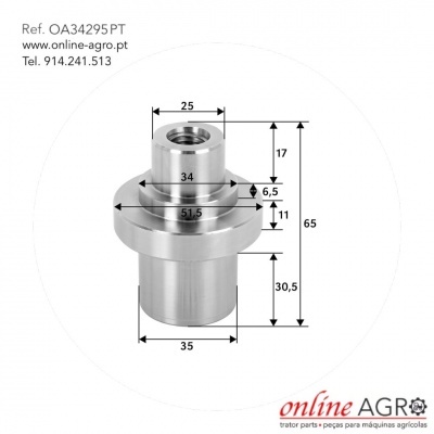 Peça metálica cilíndrica com várias medidas e texto de referência e contacto