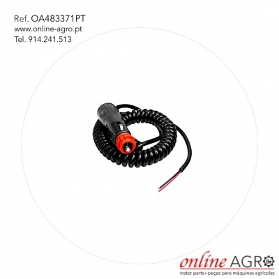 Cabo espiral preto com conector vermelho e preto, texto de referência e contacto