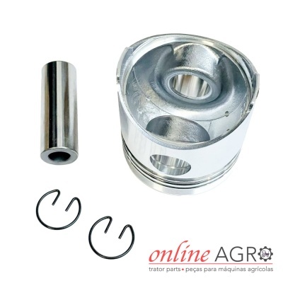 Conjunto de pistão metálico prateado com acessórios e logotipo ONLINE AGRO sobre fundo branco