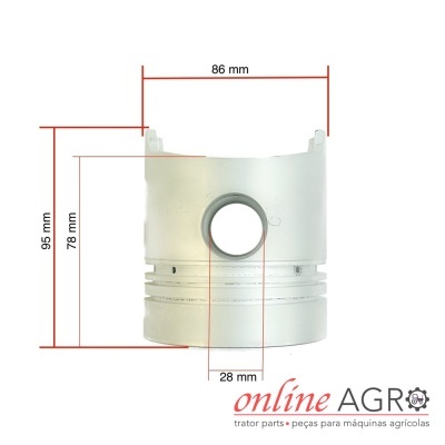Pistão metálico com medidas sobre fundo branco e marca online AGRO trator parts • peças para máquinas agrícolas