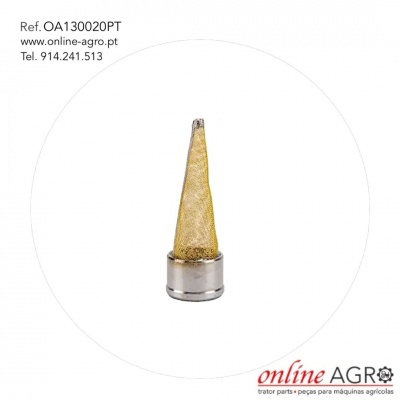 Filtro metálico amarelo para máquina agrícola com base prateada e texto informativo