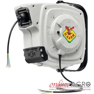 Carretel retrátil elétrico RAASM branco com fios expostos e etiqueta colorida