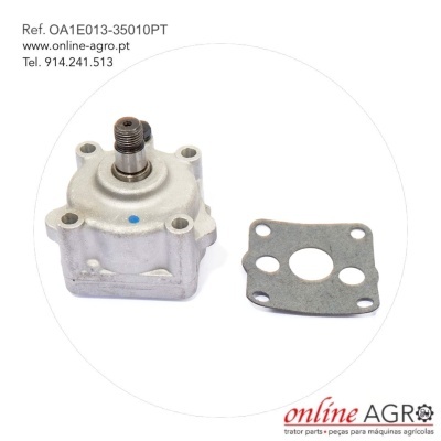 Bomba hidráulica metálica com junta cinzenta e texto de contacto